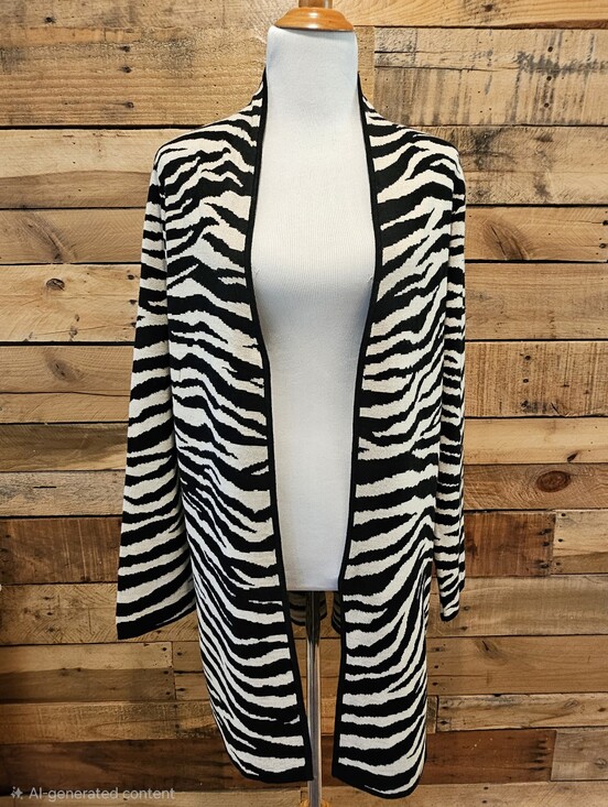 Evan Picone Sweaters - Evan Picone Black & Cream Zebra Print Long Open-Front Cardigan Sweater Size L
